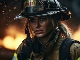 Female firefighter bravely battles the fire AI Generative photo