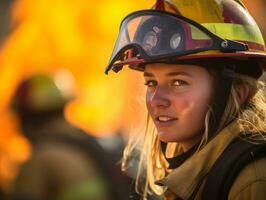 Female firefighter bravely battles the fire AI Generative photo