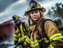 Female firefighter bravely battles the fire AI Generative photo