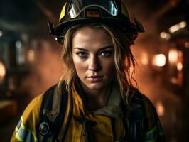 Female firefighter bravely battles the fire AI Generative photo
