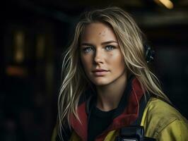 Female firefighter bravely battles the fire AI Generative photo