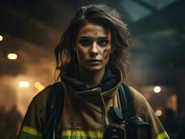 Female firefighter bravely battles the fire AI Generative photo