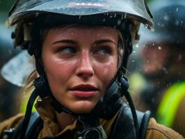 Female firefighter bravely battles the fire AI Generative photo