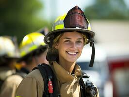 Female firefighter bravely battles the fire AI Generative photo