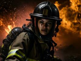 Female firefighter bravely battles the fire AI Generative photo