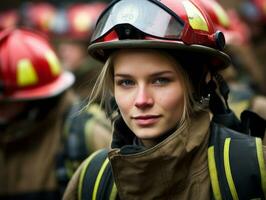 Female firefighter bravely battles the fire AI Generative photo