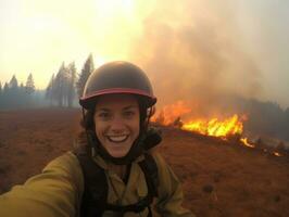 Female firefighter bravely battles the fire AI Generative photo