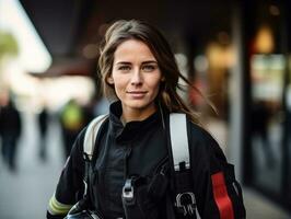 Female firefighter bravely battles the fire AI Generative photo