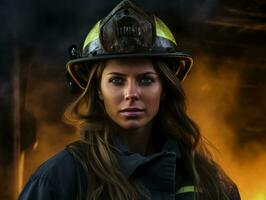 Female firefighter bravely battles the fire AI Generative photo