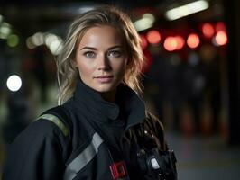 Female firefighter bravely battles the fire AI Generative photo