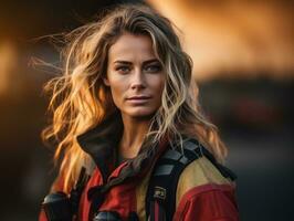 Female firefighter bravely battles the fire AI Generative photo