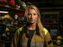 Female firefighter bravely battles the fire AI Generative photo