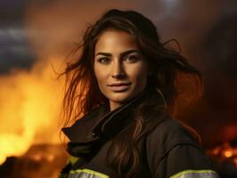 Female firefighter bravely battles the fire AI Generative photo