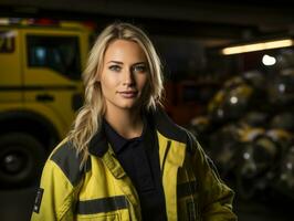 Female firefighter bravely battles the fire AI Generative photo