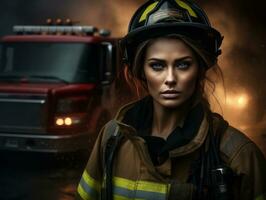 Female firefighter bravely battles the fire AI Generative photo