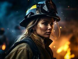 Female firefighter bravely battles the fire AI Generative photo