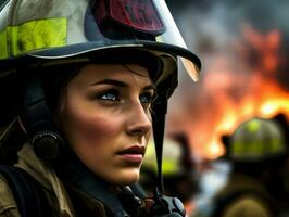 Female firefighter bravely battles the fire AI Generative photo