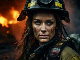 Female firefighter bravely battles the fire AI Generative photo