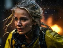 Female firefighter bravely battles the fire AI Generative photo