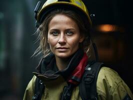 Female firefighter bravely battles the fire AI Generative photo