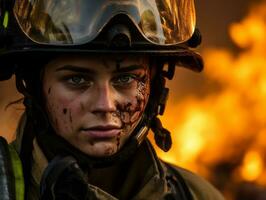 Female firefighter bravely battles the fire AI Generative photo