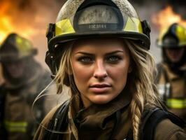 Female firefighter bravely battles the fire AI Generative photo