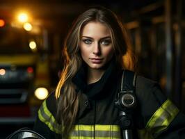 Female firefighter bravely battles the fire AI Generative photo