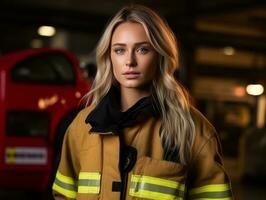 Female firefighter bravely battles the fire AI Generative photo