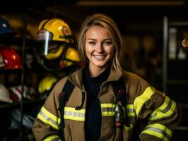 Female firefighter bravely battles the fire AI Generative photo