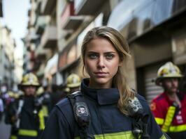 hembra bombero valientemente batallas el fuego ai generativo foto