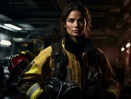 Female firefighter bravely battles the fire AI Generative photo