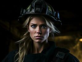 Female firefighter bravely battles the fire AI Generative photo