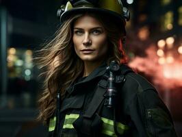 Female firefighter bravely battles the fire AI Generative photo