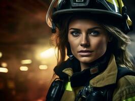 Female firefighter bravely battles the fire AI Generative photo