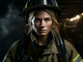 Female firefighter bravely battles the fire AI Generative photo