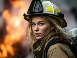 Female firefighter bravely battles the fire AI Generative photo