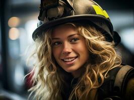 Female firefighter bravely battles the fire AI Generative photo