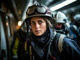 Female firefighter bravely battles the fire AI Generative photo