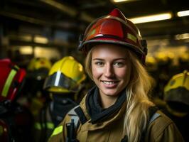 Female firefighter bravely battles the fire AI Generative photo