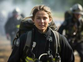 Female firefighter bravely battles the fire AI Generative photo