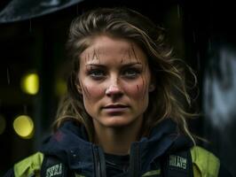 Female firefighter bravely battles the fire AI Generative photo