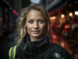 Female firefighter bravely battles the fire AI Generative photo