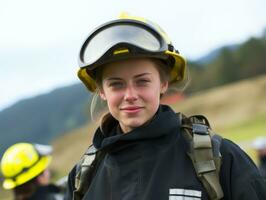 Female firefighter bravely battles the fire AI Generative photo