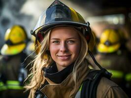 Female firefighter bravely battles the fire AI Generative photo