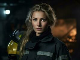 Female firefighter bravely battles the fire AI Generative photo