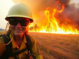 Female firefighter bravely battles the fire AI Generative photo