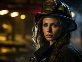 Female firefighter bravely battles the fire AI Generative photo