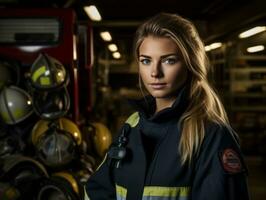 Female firefighter bravely battles the fire AI Generative photo