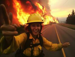 hembra bombero valientemente batallas el fuego ai generativo foto