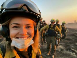 Female firefighter bravely battles the fire AI Generative photo